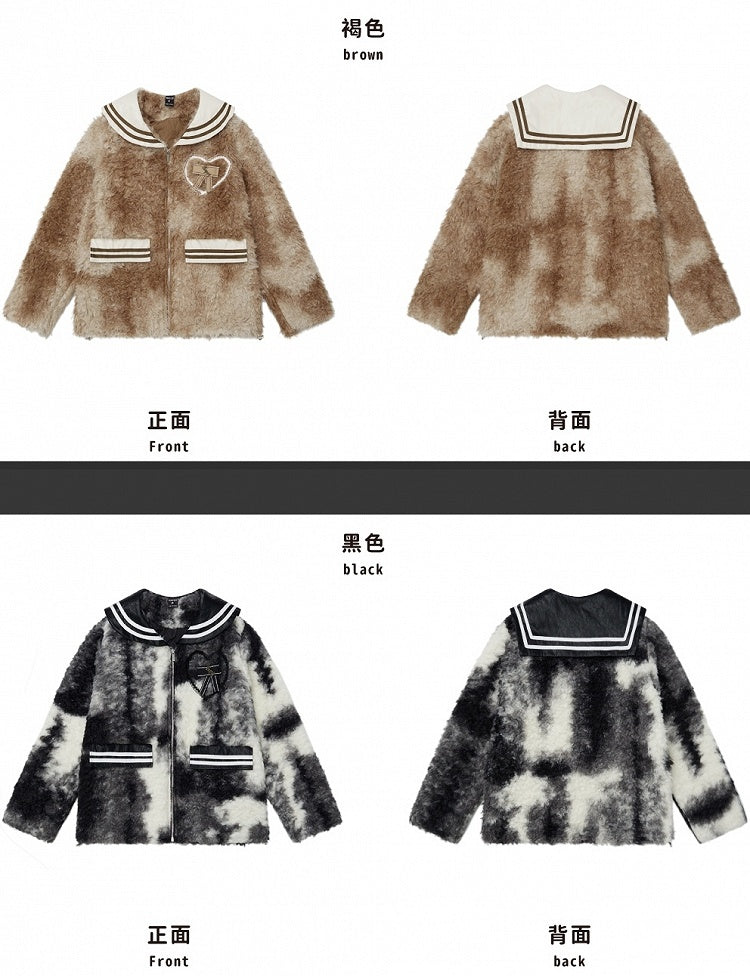 ブラック/ブラウンのセーラーカラーの蝶結びディテールのフリースジャケット