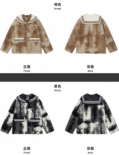 ブラック/ブラウンのセーラーカラーの蝶結びディテールのフリースジャケット