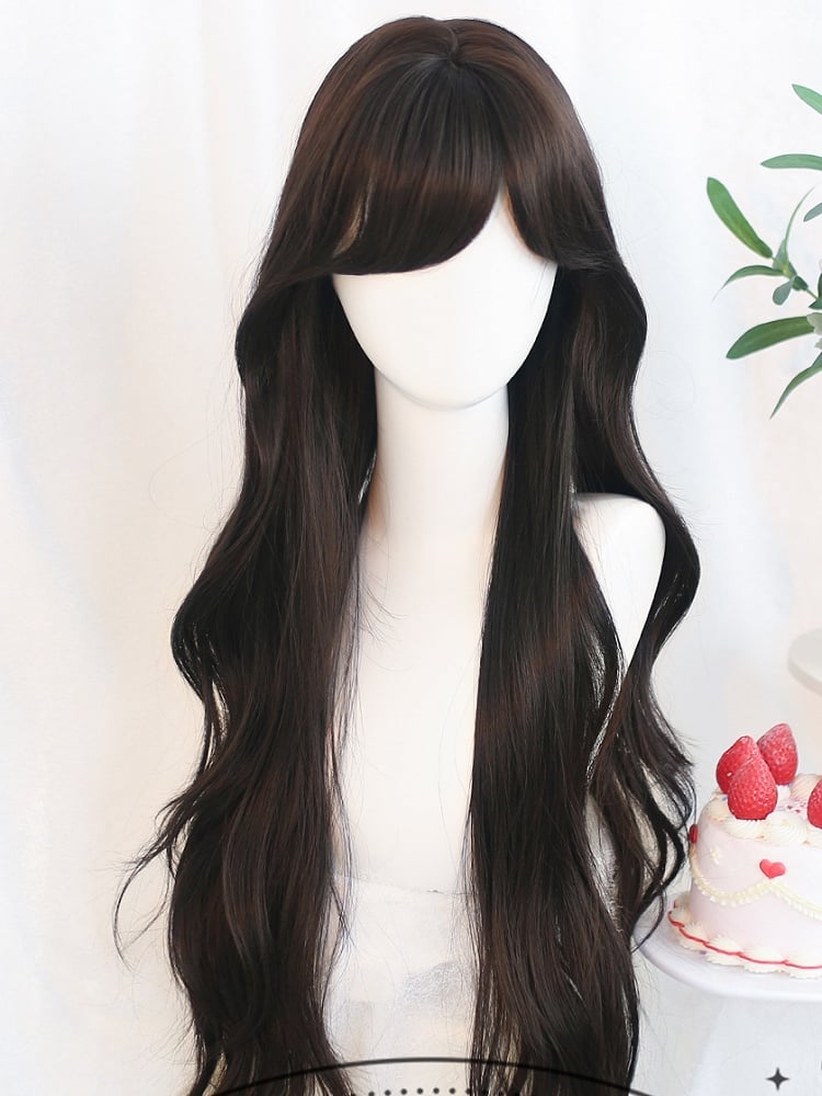 Lange, gewellte Perücke (65–70 cm) mit seitlich gefegtem schwarz-braunem Pony