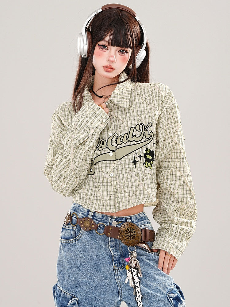 Green/Pink Letters Plaid Cropped Shirt