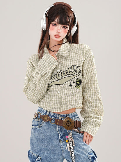 Green/Pink Letters Plaid Cropped Shirt
