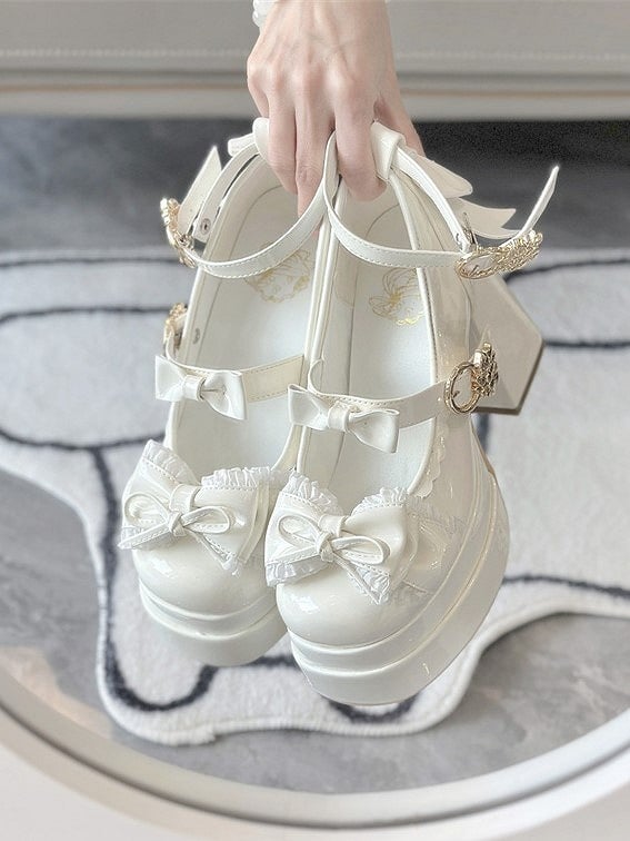 Platform Lolita Decor Bows Elegant White Block Shoes Scalloped - Edge Heel Round-Toe High 11cm