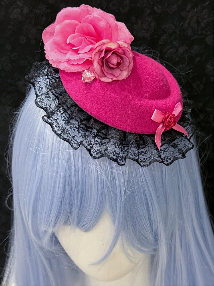 Lace Hat with Rose Bow Gyaru Magenta Black Fashion Mini