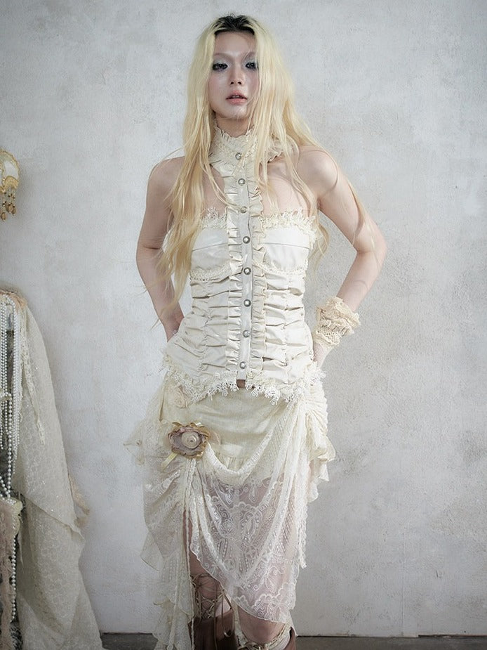 Vintage Punk Apricot Ruched Halter Top with Ruffle & Lace Details - NO ROMANCE