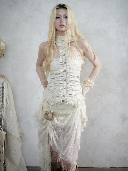 Vintage Punk Apricot Ruched Halter Top with Ruffle & Lace Details - NO ROMANCE