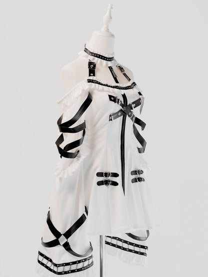 White Halter Flare Long-Sleeve Dress with Leather Straps & Shorts Set - Bunny Rush
