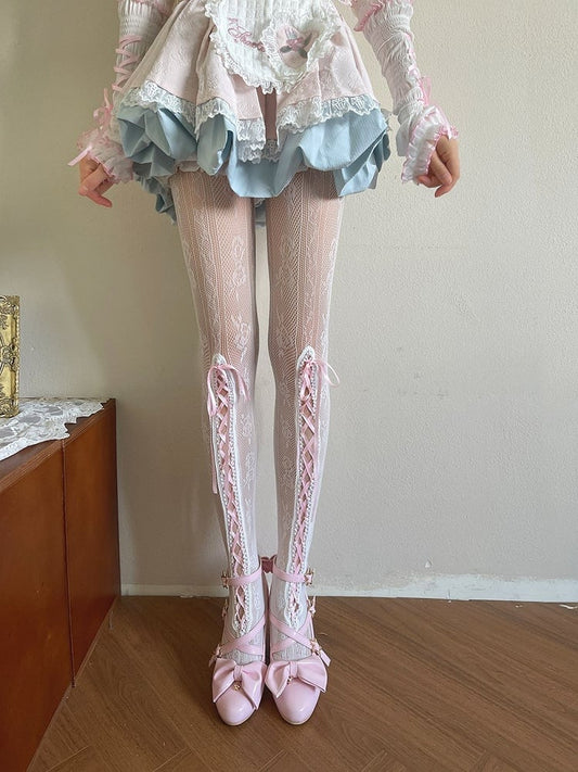 Pattern Floral White Design Hollow-out Tights Lace-up With Pink