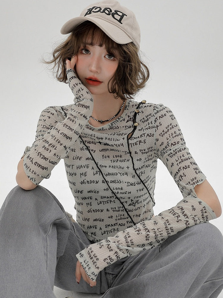 Gray Asymmetrical Design Long Sleeve Letter Printed T-Shirt - Girlyhalo
