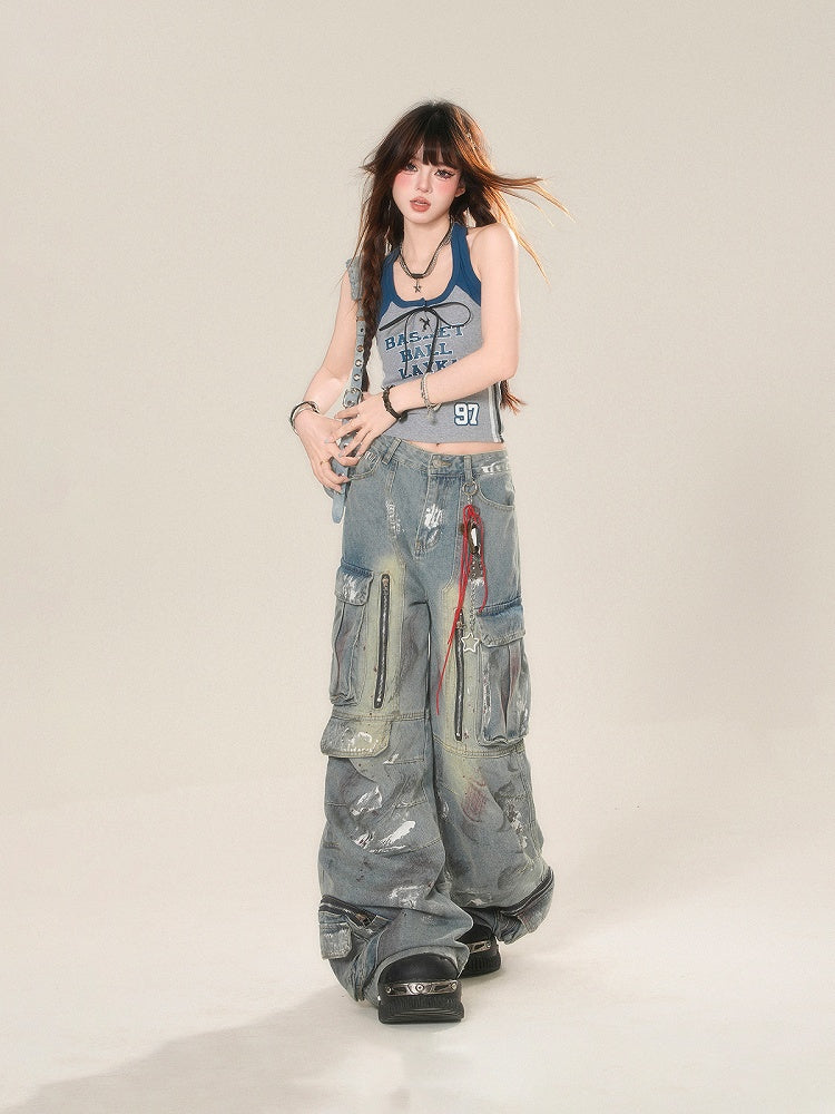 and Blue Gray Cropped Lace-up Glamorous Top Front Letter Neck Halter Tank Print