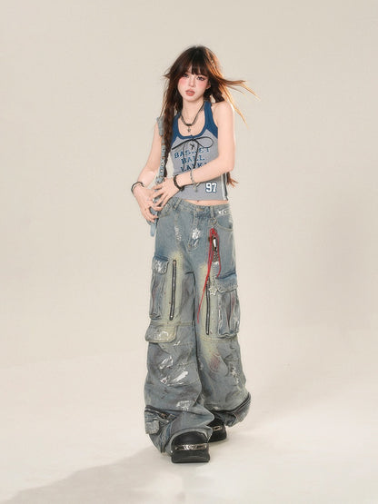 and Blue Gray Cropped Lace-up Glamorous Top Front Letter Neck Halter Tank Print