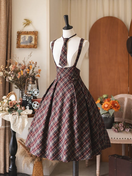 Preppy Tonal Style Plaid Overall Skirt Tie Vintage with High Red Waist