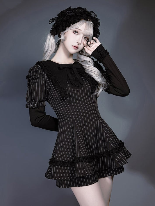 Kei Striped Gothic Jirai Black Collar Set: Shorts Brooch Bow Juliette Top with Pointed Sleeve