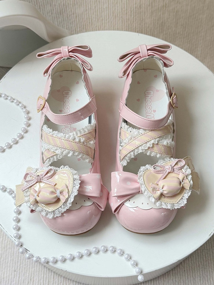 Bows Accents Pink Jane PU Light Mary Sweet Shoes with