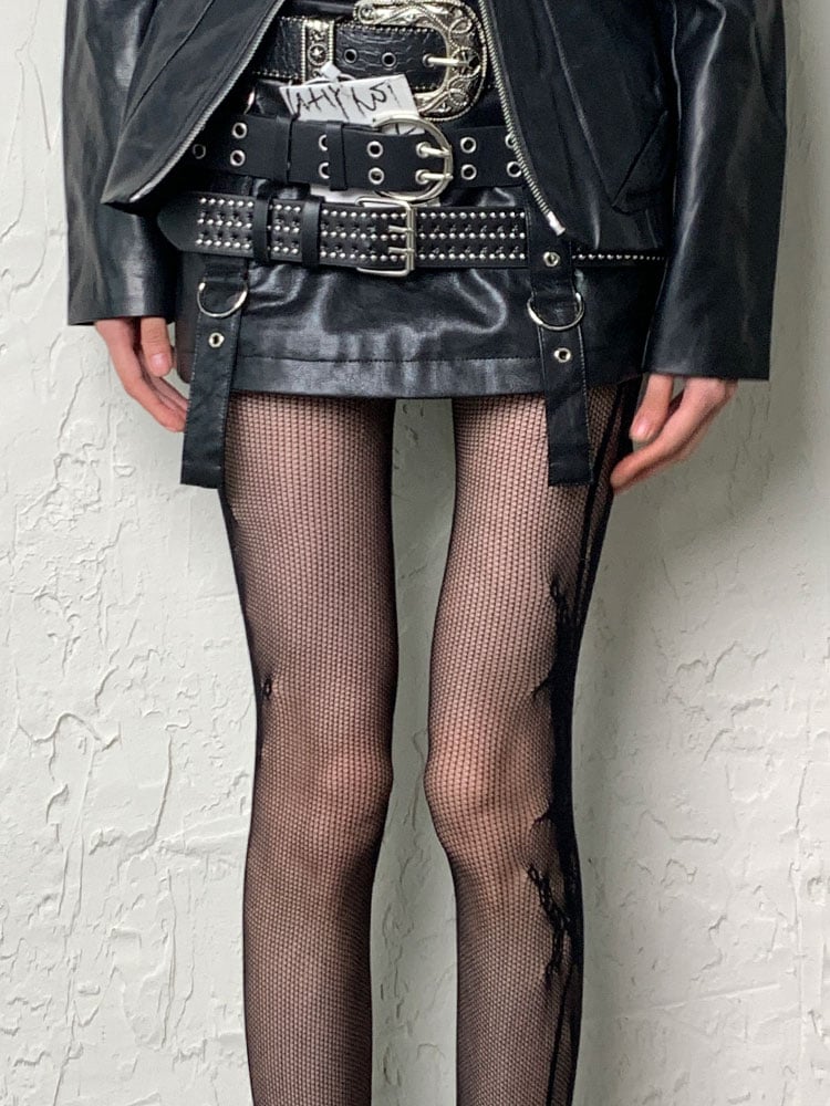 Gothic Schwarze Y2K-Strumpfhose mit seitlichen Ranken und Hohlsaum