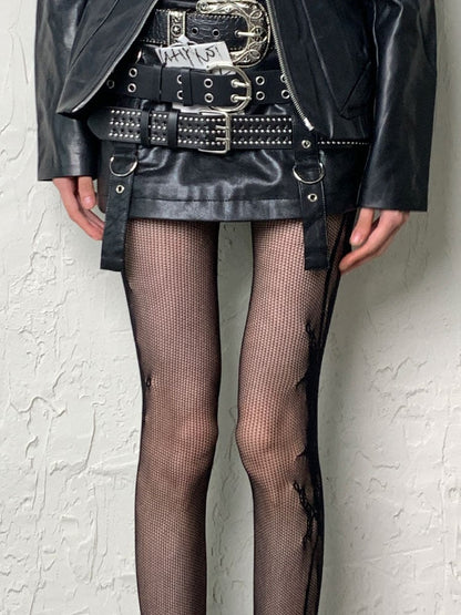 Gothic Schwarze Y2K-Strumpfhose mit seitlichen Ranken und Hohlsaum