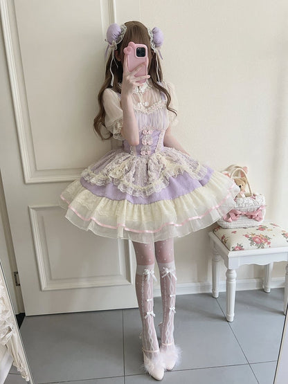 Frog Chinoiserie Dress Fresh JSK Ballet-Inspired Button Lace Trim Purple Lolita