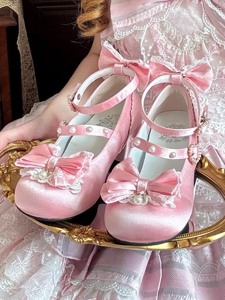 Sweet Pink Low-Heel Mary Janes with Beaded Heart by Mie Mie Shop