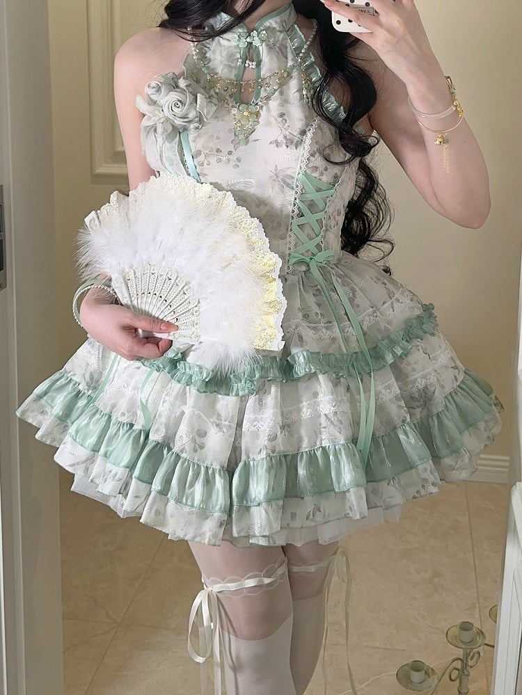 Lolita with Gentle Floral Green Halter Neck Dress Details Pattern Button Qipao-Style Lace