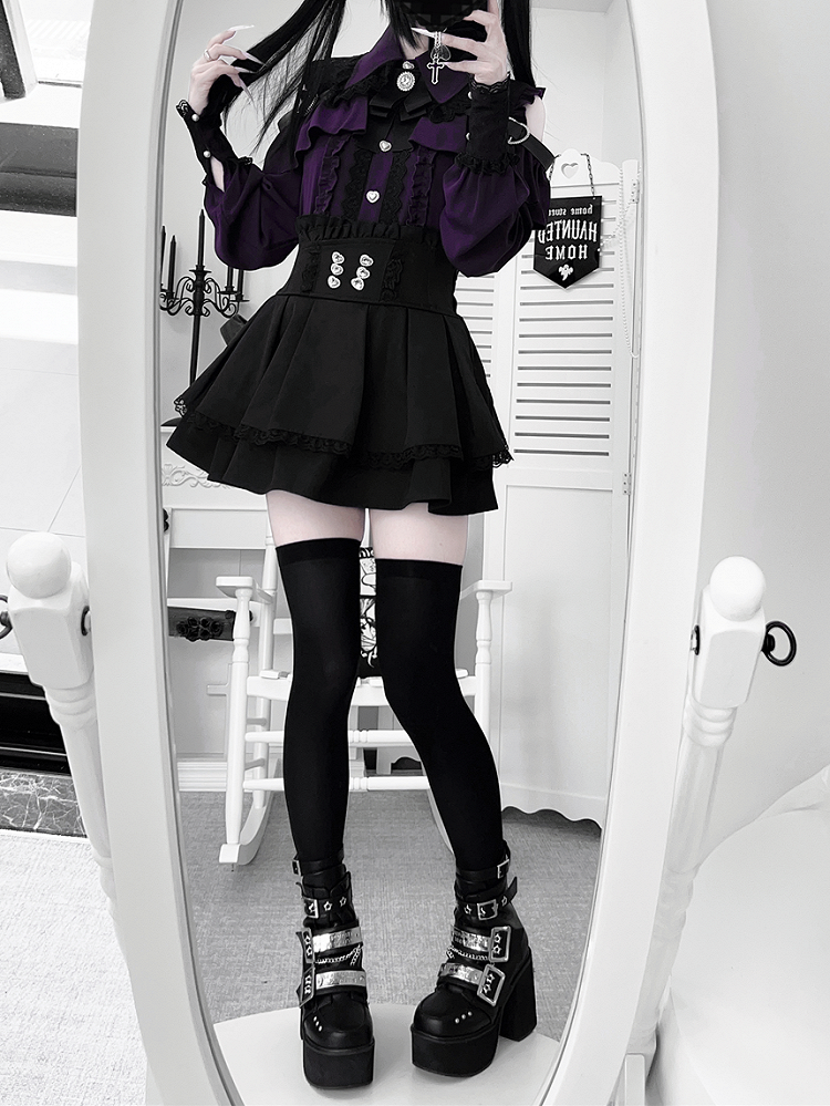 Shoulder Landmine with Blouse Buttons Cutout Blackish-Purple: Style in Heart Sweetheart Buckle