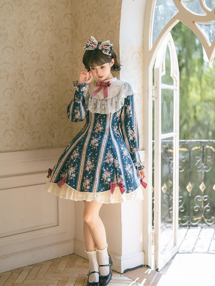 Teal Floral Print Vintage Lolita OP Dress with Lace Detailing & Elegant Design - With PUJI