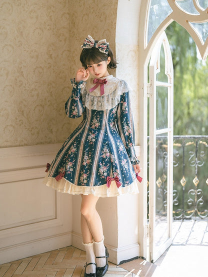Teal Floral Print Vintage Lolita OP Dress with Lace Detailing & Elegant Design - With PUJI