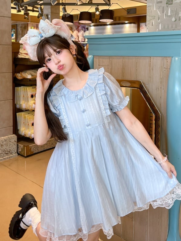 Kleid Hellblau Rüschenkragen Puffärmel Süß