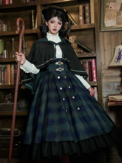 Lolita + Pattern Long Set Plaid Green Preppy Version Style - JSK