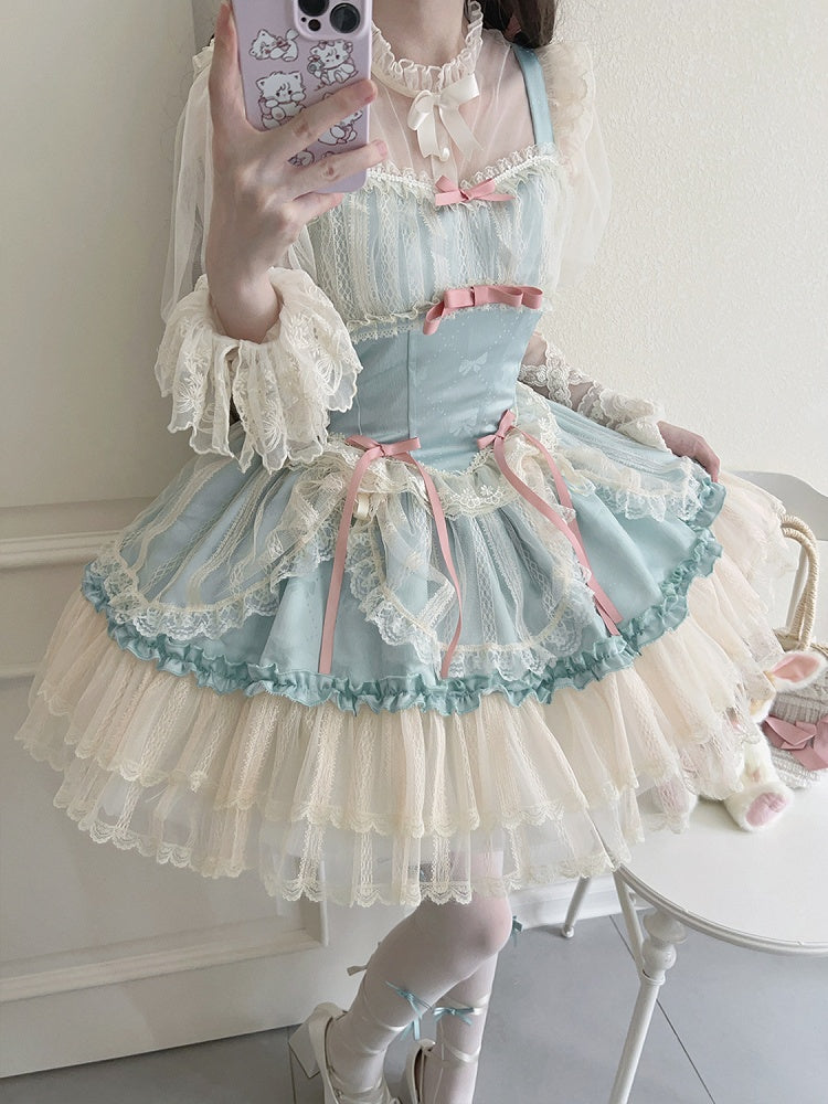 Short Small Fabric Balletcore Skirt Green Bows Lolita Jumper Dress