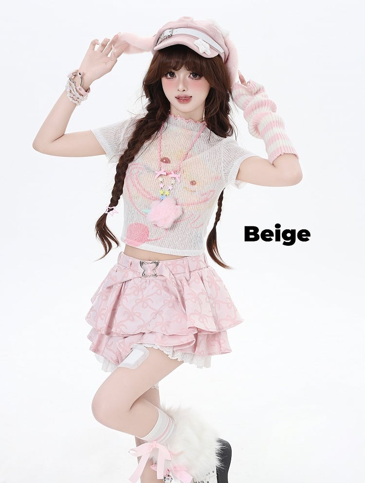 Cropped Beige/Light Pink Yume T-Shirt Adorable Animal Print Semi-sheer Kawaii