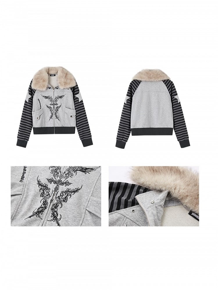 Punk Striped Fur Gray Wing Faux Print Collar Zip-Up Sleeves with Jacket