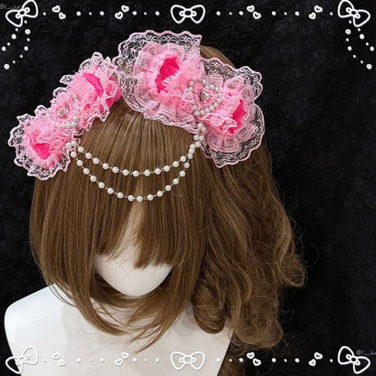 Satin Hime Lolita Bow Hairclip with Rose - Pink