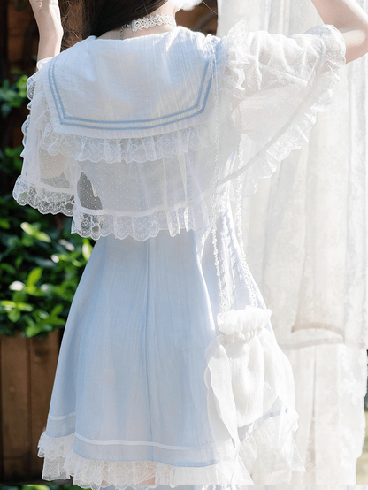 with Cape Light Blue Jirai Kei Sailor Collar Lace Dress Design Bowtie
