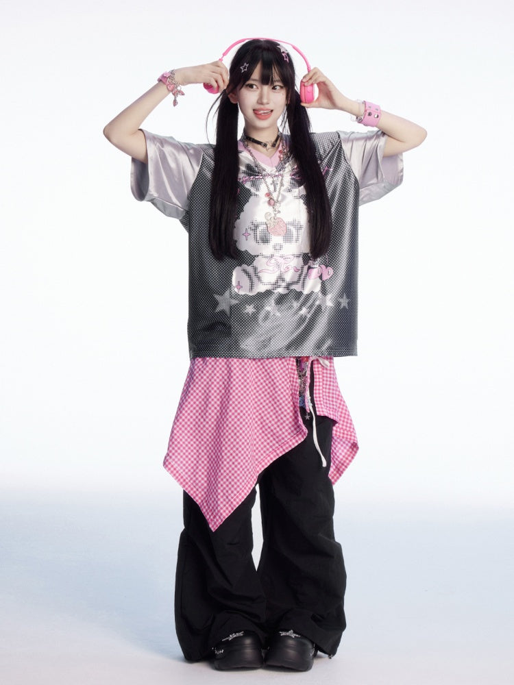 パッチワーク ワイドレッグ カジュアルパンツ チェック柄ウエスト ドローストリングカフス ブラック