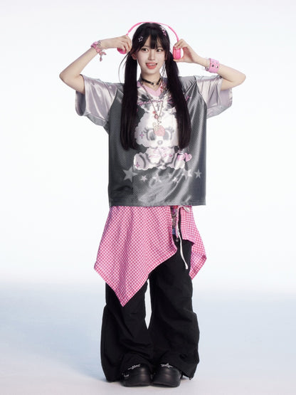 パッチワーク ワイドレッグ カジュアルパンツ チェック柄ウエスト ドローストリングカフス ブラック