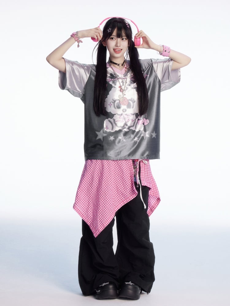 愛らしいウサギのプリント、白黒Vネック水玉Tシャツ