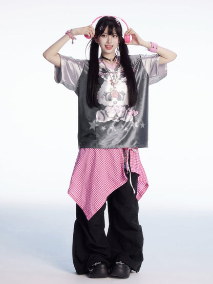 愛らしいウサギのプリント、白黒Vネック水玉Tシャツ