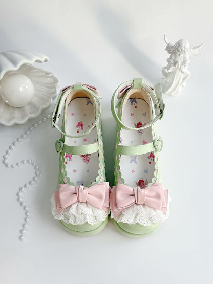 Buckles Heart at Bow Green Trim Platforms Apple Top Lace