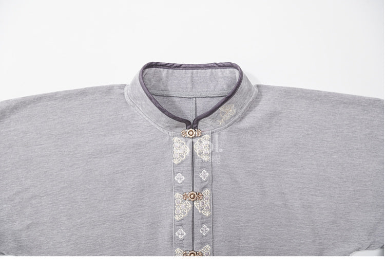 Graues Oberteil im Cheongsam-Stil mit Stehkragen und langen Ärmeln