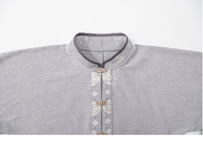 Graues Oberteil im Cheongsam-Stil mit Stehkragen und langen Ärmeln