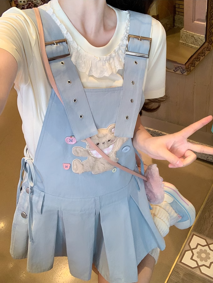 Adjustable Plush Bear Applique Blue Box Pleat Overall Dress Straps Shoulder