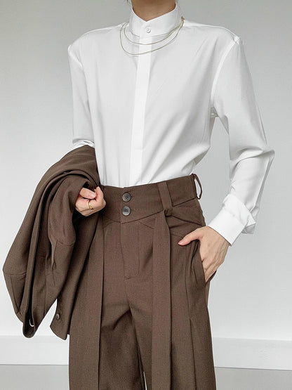 Ouji Lolita White Unisex Long Sleeve Shirt with Mandarin Collar & Button-Down Front