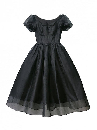 Kleid mit Stäbchen, Puffärmeln, hoher Taille, elegant, schwarze Ärmel