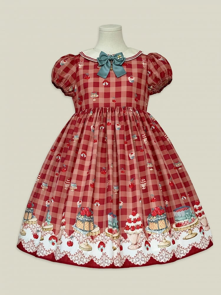 Rotes, hoch tailliertes Lolita-Kleid mit Kirsch- und Dessert-Gingham-Muster