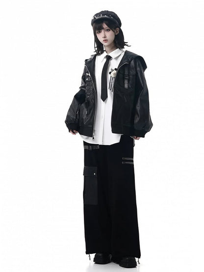 Pants and Detail Straight-Leg Utility Strap Techwear Pockets with PU Black