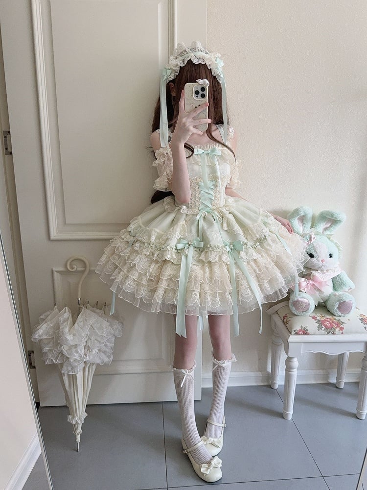 Bow Ballet-Style Details Multi-Layer Dress Cute Lace / JSK with + Ribbon Princess Train Large Green Skirt Only
