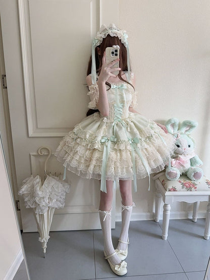 Bow Ballet-Style Details Multi-Layer Dress Cute Lace / JSK with + Ribbon Princess Train Large Green Skirt Only