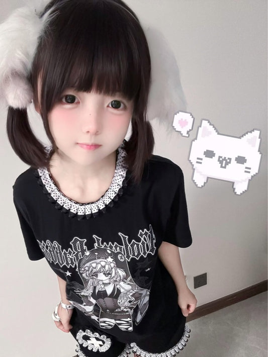 Ruffled Polka-dot Kei T-Shirt Collar Black Anime Girl Print Jirai