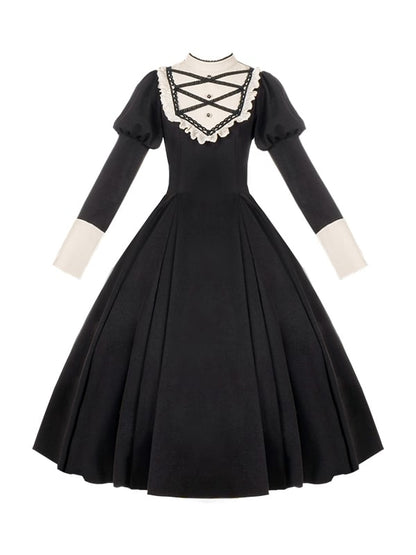 Schwarzes elegantes Juliette-Ärmelkleid Nonne Lolita Langarm Einteiler