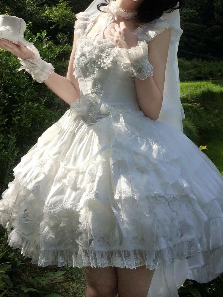 Blooming Layered Jacquard Hime Lolita Dress – Basque Waist with Lace & Fluffy Flower Accents | Sheer Ocean