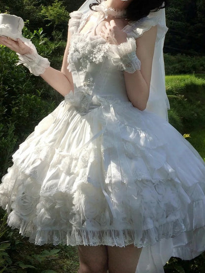 Blooming Layered Jacquard Hime Lolita Dress – Basque Waist with Lace & Fluffy Flower Accents | Sheer Ocean
